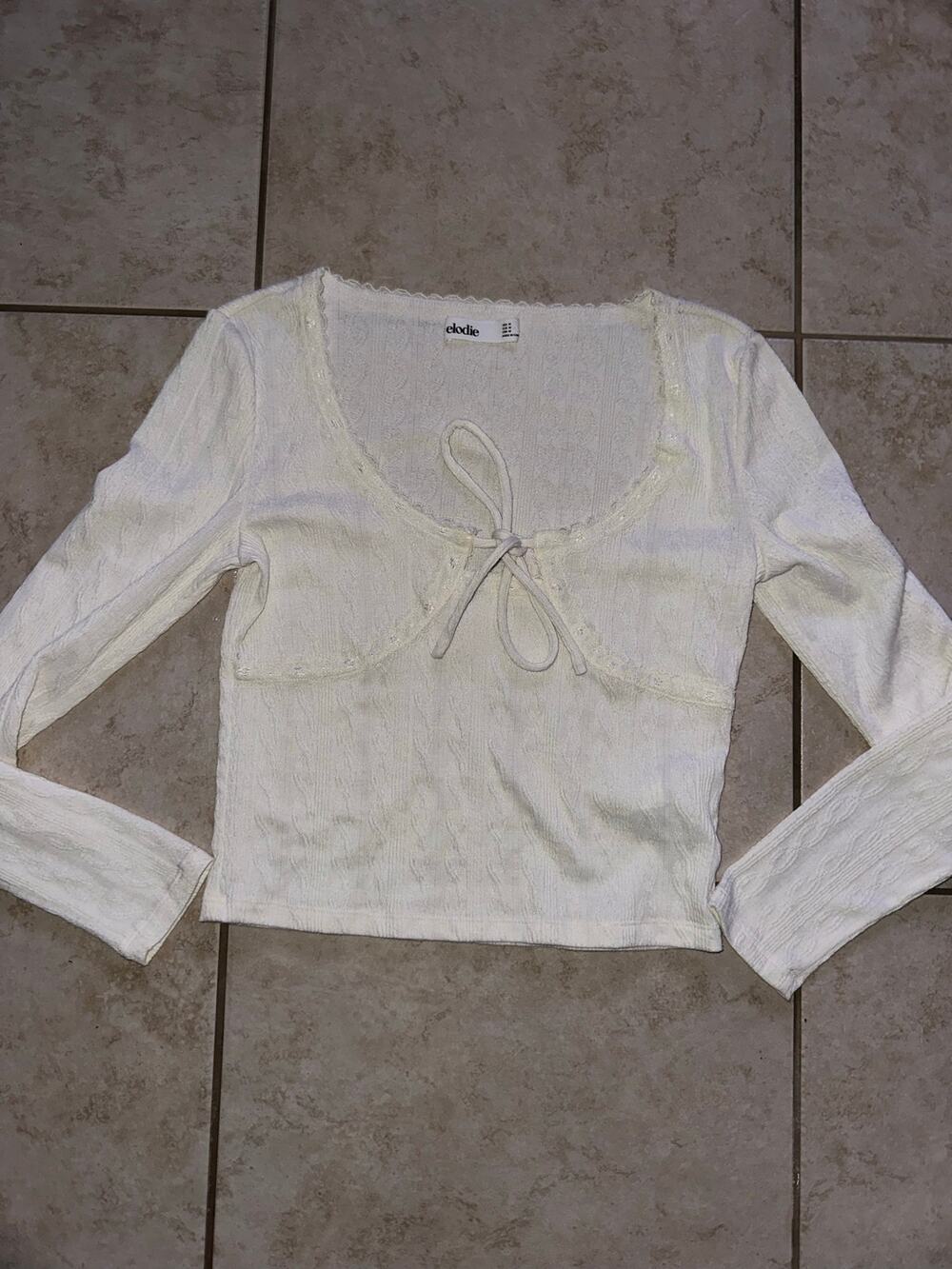 Elodie White Pointelle Tie Front Long Sleeve Top | Size M